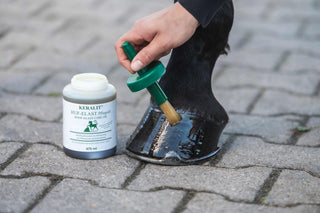 Keralit Hufelast care oil is applied to the horse's hoof with a brush.