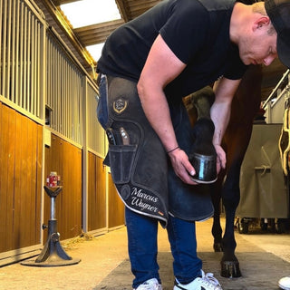 A farrier checks the hooves of a brown horse in the stable